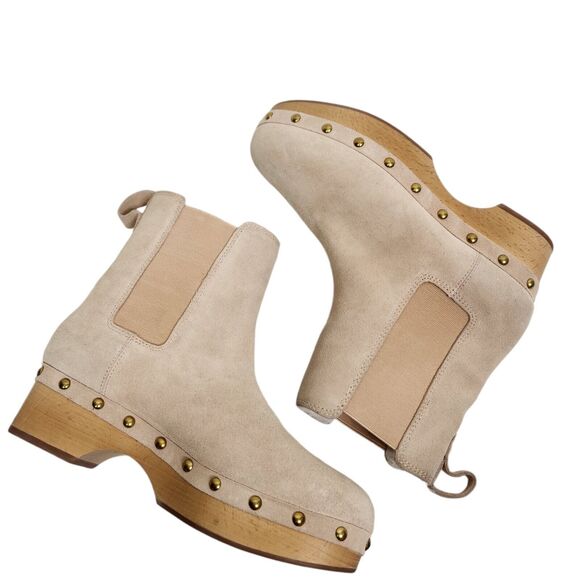 J. CREW Boots Womens 8 Bronze Clay Cream Suede Faux-fur Lined Chelsea Clog Cabin - Picture 1 of 7